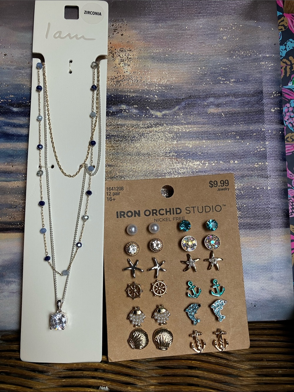 I am Silver Layered Necklace with Blue Bead Accents and Clear Zirconia Pendant